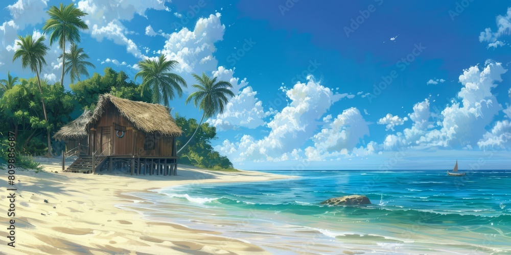 Beautiful tropical beach with palm trees, wooden hut, and calm sea under blue sky, evoking summer vacations and relaxation.