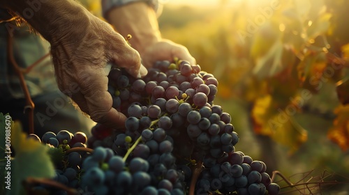 Close-up of a farmer's hands holding a bunch of ripe grapes in a lush vineyard during harvest season.