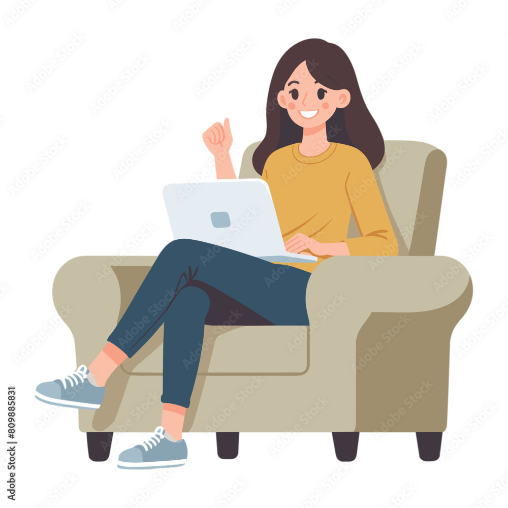 Happy woman sitting on armchair and working on laptop Happy woman sitting on armchair and working on laptop
