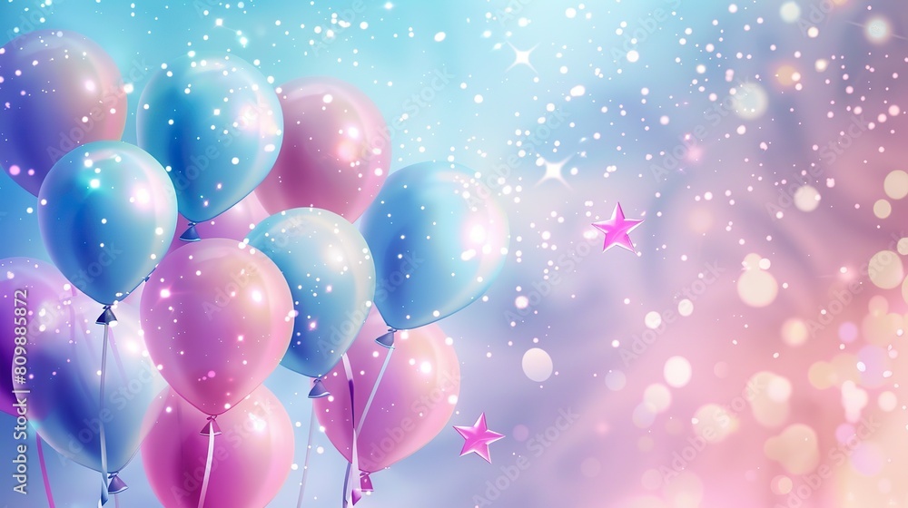 beautiful celebration background with balloons, pink and blue colors, glittery sparkly stars beautiful celebration background with balloons, pink and blue colors, glittery sparkly stars