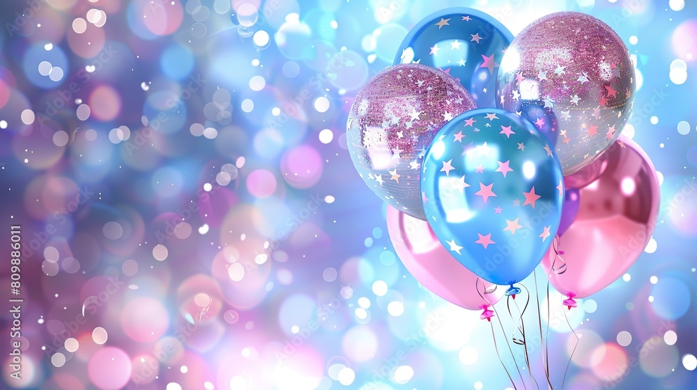 beautiful celebration background with balloons, pink and blue colors, glittery sparkly stars