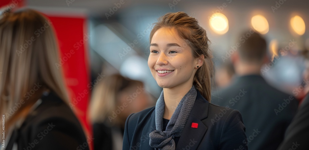 Friendly Professional Woman in Business Attire at Corporate Event
