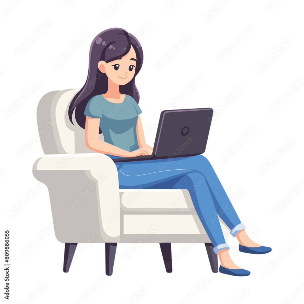 Happy woman sitting on armchair and working on laptop Happy woman sitting on armchair and working on laptop