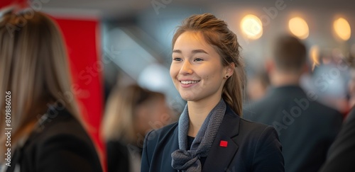 Friendly Professional Woman in Business Attire at Corporate Event 