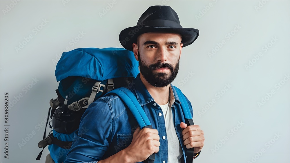 Adventurous explorer with a backpack, ready for a journey of discovery and exploration Adventurous explorer with a backpack, ready for a journey of discovery and exploration