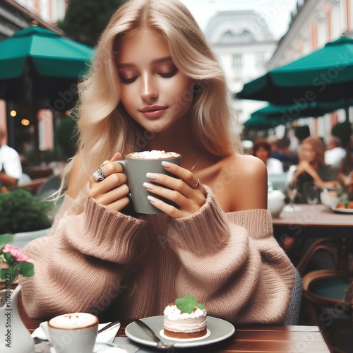  Gen z blonde woman drinks hot chocolate in summer cafe. Tasty beverage and break concept. Generation z people