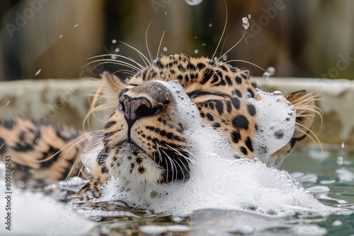 Close-up leopard grooming spots bath relax enjoy water soak foam bubbles wildlife nature wild big cat feline soap cleanse rinse splash © Maelgoa
