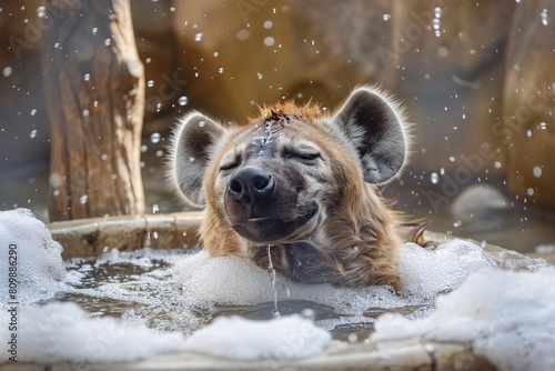Close-up hyena grooming laugh bath relax enjoy water soak foam bubbles wildlife nature wild big animal mammal