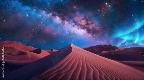 A desert landscape with surreal dunes  illuminated by a starry sky and swirling auroras in 8K resolution