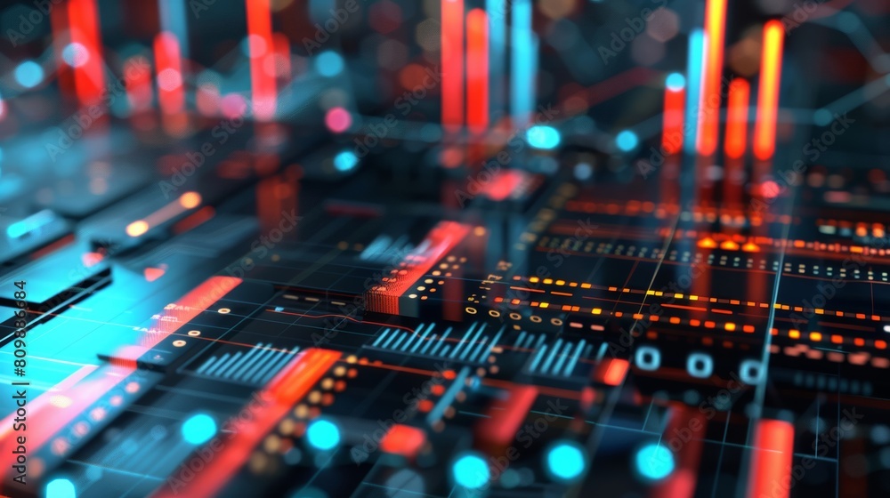 Close-up of a detailed neon circuit board with red and blue lighting. Futuristic digital display with glowing financial graphs and diagrams, abstract 3D illustration.