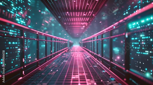 A digital-inspired neon bridge with holographic-like projections along the railings, giving the appearance of a digital grid. photo