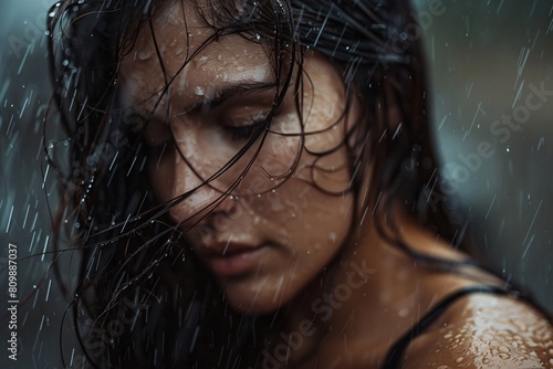 A dramatic close-up of a wet woman walking in pouring rain, depicting endurance and fortitude