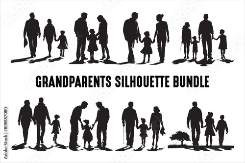 Old couple with Grandchildren silhouettes Vector. Grandparents with Grandchildren Silhouettes.