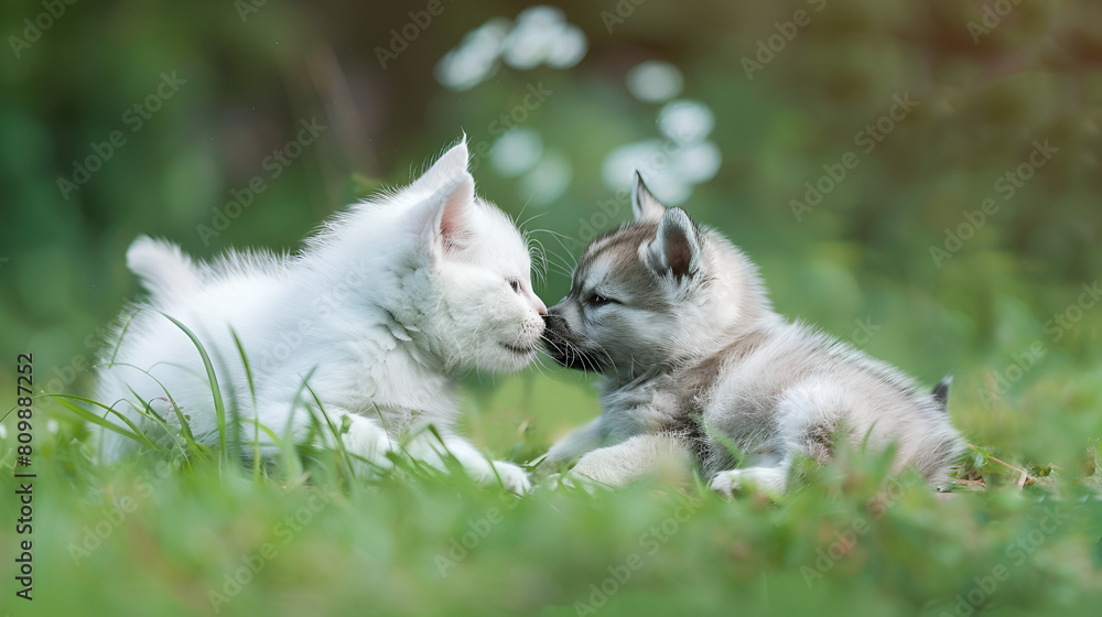 Kitten kissing White Swiss Shepherds puppy on green background, generative ai