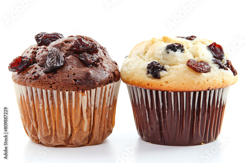 two muffins with raisins and chocolate on them