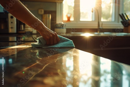 An intimate shot capturing someone wiping down a dirty countertop with a damp cloth, soft morning light illuminating the area, emphasizing cleanliness and freshness