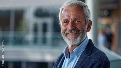 portrait of successful senior businessman consultant looking at camera and smiling inside modern office building. copy space for text.
