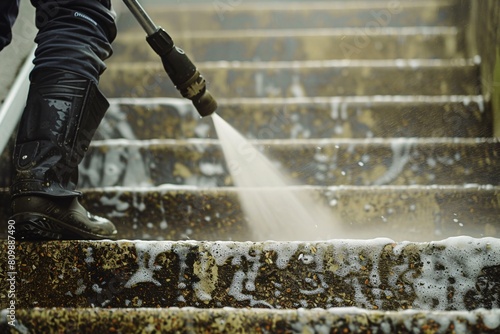 An intimate shot capturing someone power washing a dirty outdoor staircase with a Karcher machine, foam spraying, promoting cleanliness and thoroughness