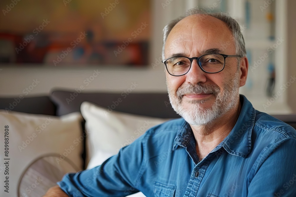 smiling middleaged man with glasses and blue shirt at home happy mature male portrait photo smiling middleaged man with glasses and blue shirt at home happy mature male portrait photo