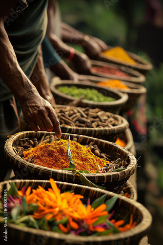 Fototapeta Naklejka Na Ścianę i Meble -  Spice harvest. A line of people in vibrant traditional costumes harvest spices and herbs. A typical scene in African markets. Spices for Indian, Asian and Mexican food