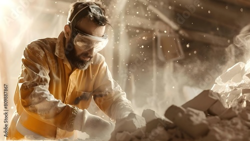 Unprotected industrial worker handling asbestos representing occupational hazards and mesothelioma risks. Concept Industrial Hazards, Asbestos Exposure, Occupational Health, Mesothelioma Risks photo