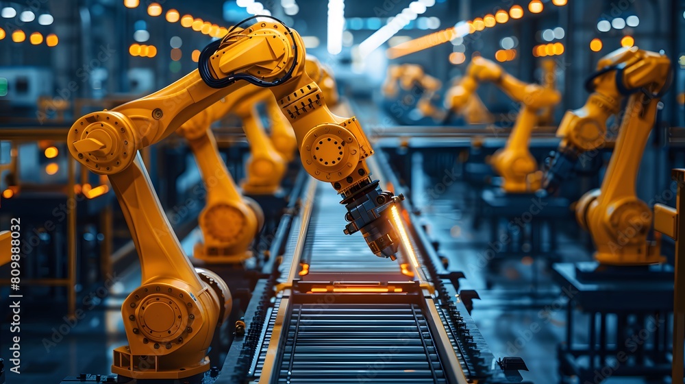 Robotic arms in an industrial factory production line, with the background blurred and focused on the robot arm with light from above illuminating its surface. Robotic arms in an industrial factory production line, with the background blurred and focused on the robot arm with light from above illuminating its surface.
