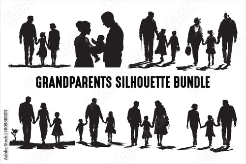 Old couple with Grandchildren silhouettes Vector Bundle. Grandparents with Grandchildren Silhouette set.