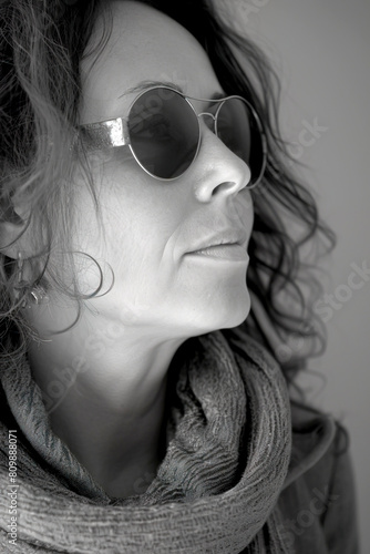 Side view portrait of Hispanic woman wearing sunglasses. Vertical black and white concept