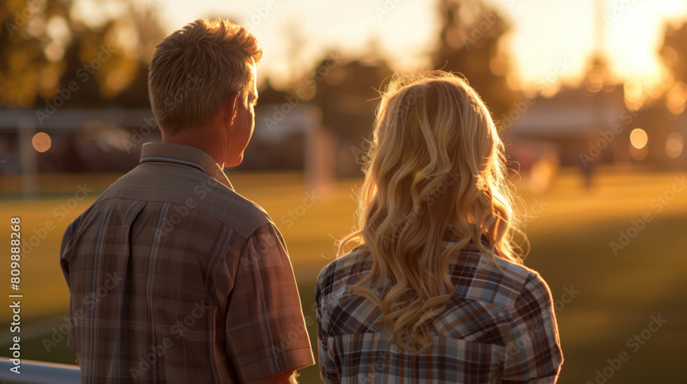 Fototapeta premium A couple wearing plaid shirts standing on the sidelines of a sports field, observing a game at sunset.