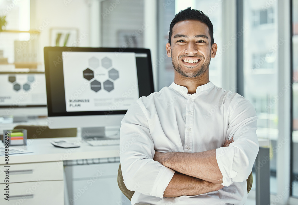 Businessman, portrait and happy in office with computer screen for research, digital and project. Male developer, software and technology in workplace for review, media and company website at desk Businessman, portrait and happy in office with computer screen for research, digital and project. Male developer, software and technology in workplace for review, media and company website at desk