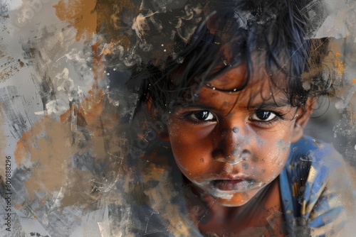 starving poor child with hungry expression looking at camera poverty and hunger concept digital painting photo