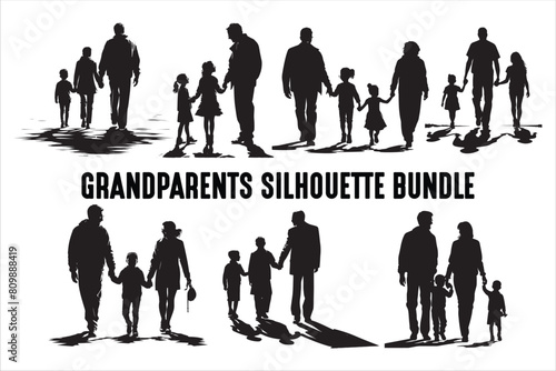 Old couple with Grandchildren silhouettes Vector Bundle. Grandparents with Grandchildren Silhouette set.