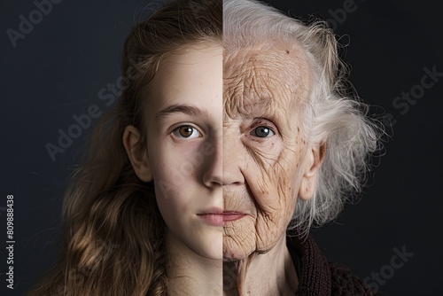 A split-image transformation depicting a young woman on the left and an elderly woman on the right, showcasing the passage of time and aging process © Maelgoa