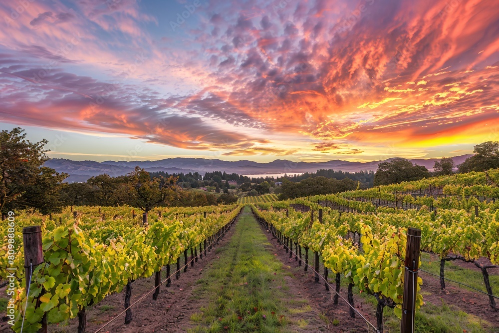 A picturesque vineyard at sunset with rows of grapevines and colorful skies