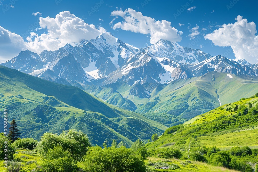 A majestic mountain range with snow-capped peaks and lush green valleys
