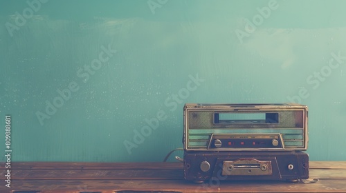 A vintage-style photo depicting a retro, outdated portable cassette tape recorder from the 1980s, set against a mint blue wall on a wooden table 