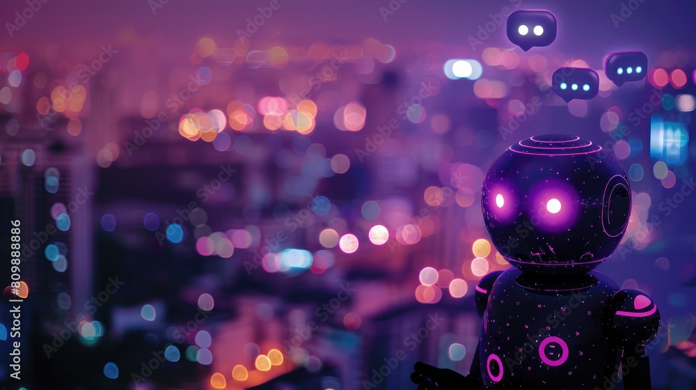 Against the backdrop of a blurred city, a hand holds an artificial intelligence robot Against the backdrop of a blurred city, a hand holds an artificial intelligence robot