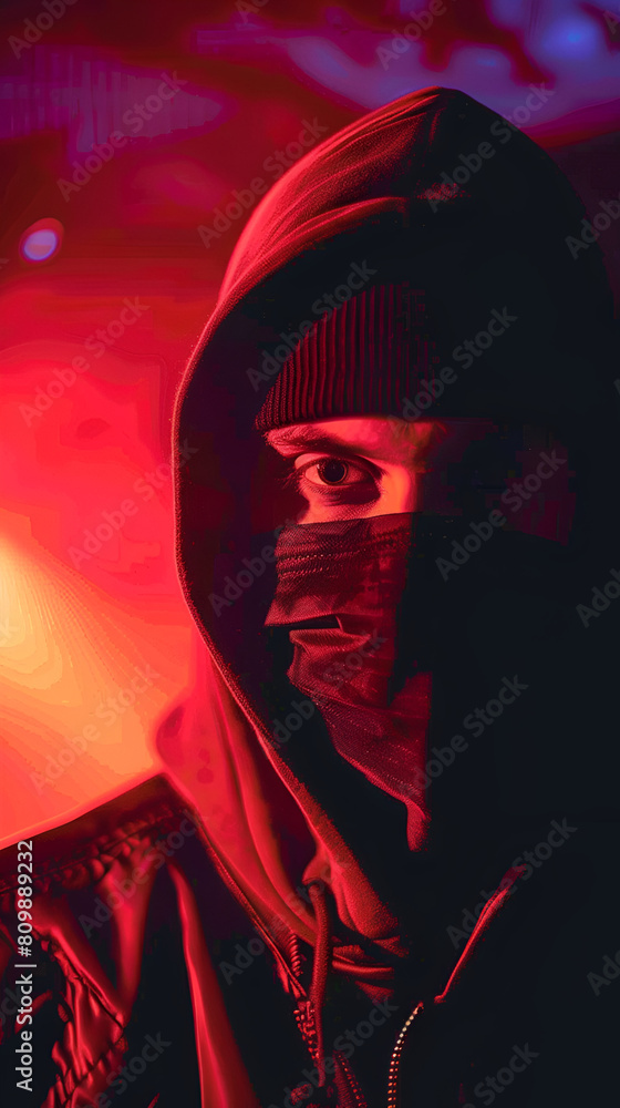 A man in a black balaclava at an British rave of garage music party, Emphasize the raw, unpolished A man in a black balaclava at an British rave of garage music party, Emphasize the raw, unpolished