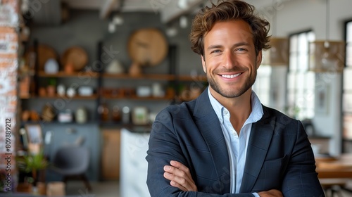 Businessman, dressed smartly in a navy blazer, confidently posing in a stylish urban cafe setting