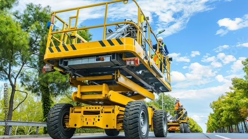 A yellow self-propelled articulated boom lift and a scissor lift positioned on a street lined with trees and sky in the background photo
