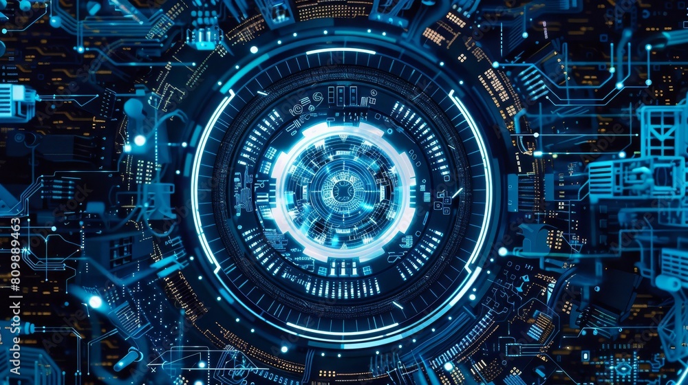 Blue Cybernetic Circuits and Hubs, Ideal for Technology Concepts Blue Cybernetic Circuits and Hubs, Ideal for Technology Concepts