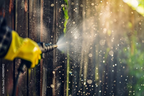 A detailed close-up of hands operating a Karcher pressure washer to clean a stained fence, dirt splattering, highlighting effectiveness and diligence photo