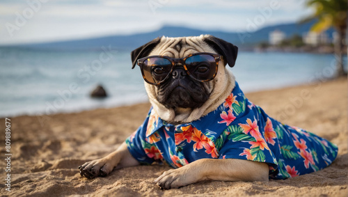 Chillaxing Pug  Dog in Sunglasses Lounging by the Seaside in Hawaiian Shirt