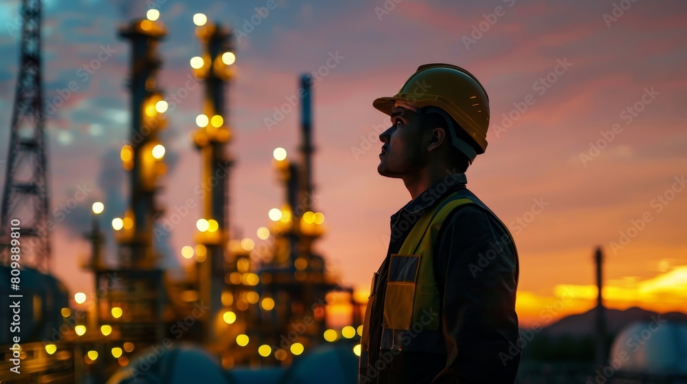 Silhouette of a Worker with Industrial Plant Background at Sunset, Perfect for Themes on Industry and Employment