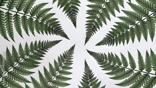 Delicate fern fronds arranged in a captivating leafy pattern against plain white background