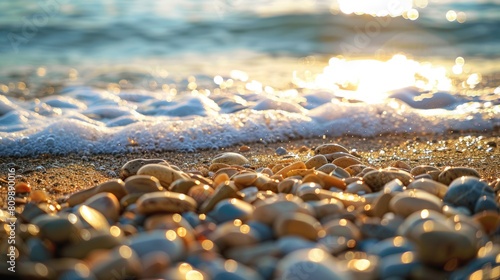Bright beach scene with close-up of pebbles and sparkling sea waves. 