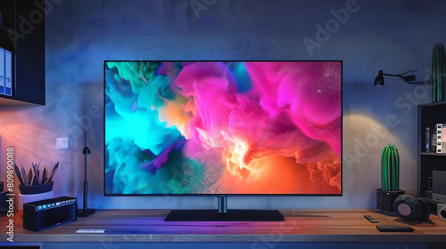 An unlit TV screen in a creative studio with a colorful, virtual abstract background. photo