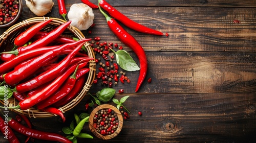 Fresh red hot chili peppers in bowl on rustic wooden background  spicy ingredient cooking concept