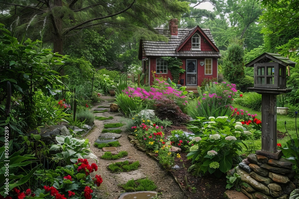 Charming Garden Path Leading to Cozy Red House Charming Garden Path Leading to Cozy Red House