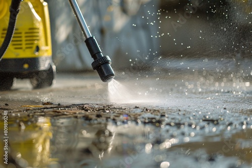 A close-up scene of a person using a Karcher pressure washer to clean a muddy driveway, water spraying, showcasing efficiency and effectiveness